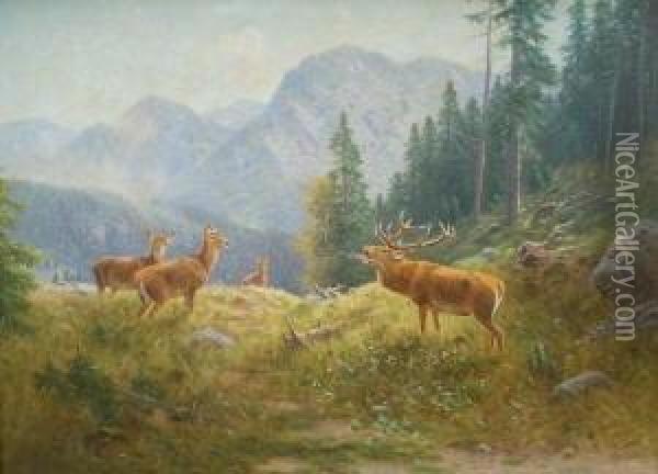 Hirsche Am Konigssee Oil Painting - Ludwig Sckell