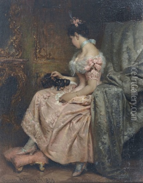 Edles Interieur Mit Dame Im Rosafarbenen Kleid Und Hund Oil Painting - Eugen Johann Georg Klimsch