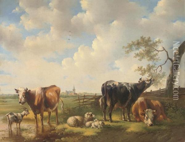 Livestock At The Water's Edge Oil Painting - Albertus Verhoesen