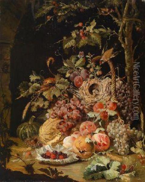 Ein Herbststilllebenmit Einem Kurbis Oil Painting - Johann Baptist Halszel