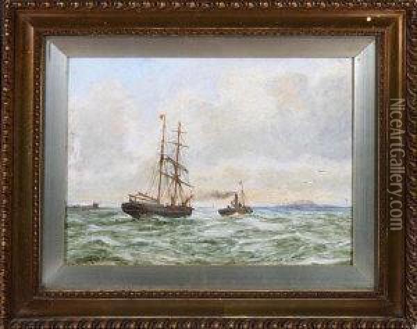 Sailing Ship Being Towed Clear Of A River Mouth Oil Painting - Bernard Benedict Hemy