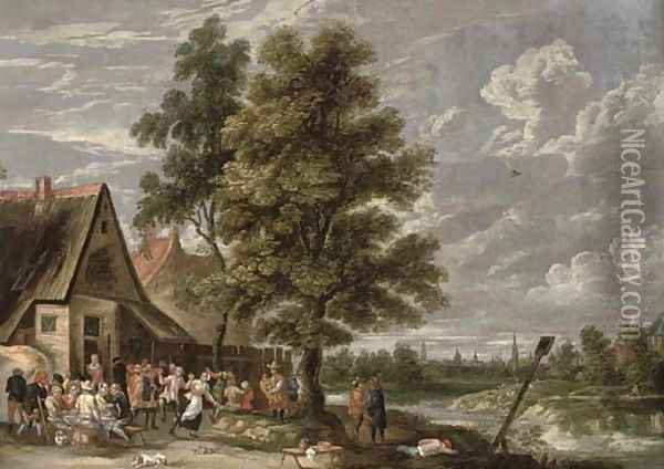 A village with peasants dancing and drinking by an inn Oil Painting - German School