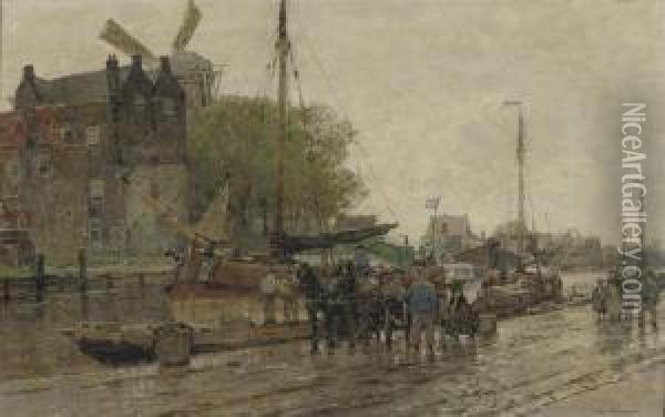Along A Busy Quay Oil Painting - Hans Herrmann