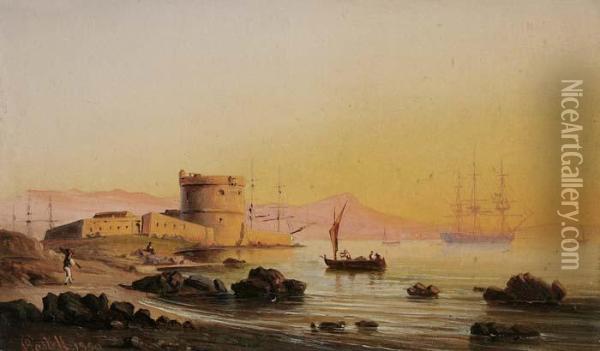 Italienische Hafenansicht Bei Sonnenuntergang Oil Painting - Johann Anton Castell