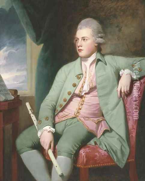 Portrait of Francis Lind, three-quarter-length, seated before a music stand on a pink chair, in a powdered wig, a green coat Oil Painting - George Romney
