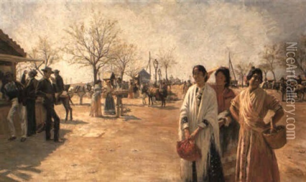 Market Day, Seville Oil Painting - Pierre Ribera