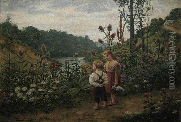'deux Enfants A Modave'. Oil Painting - Constant Aime Marie Cap
