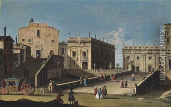 A View Of The Campidoglio, Rome, With Santa Maria In Aracoeli, A Carriage And Elegantly Dressed Figures In The Foreground Oil Painting -  Master of the Langmatt Foundation Views
