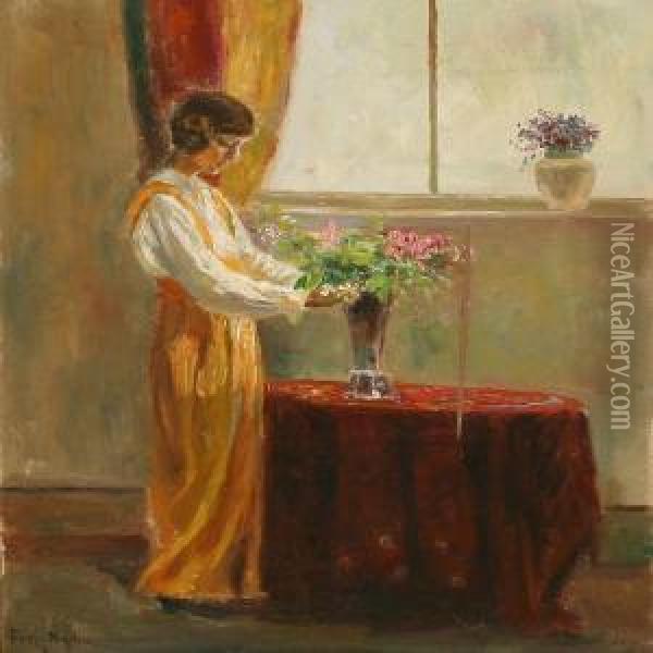 Interior With A Woman Decorating Flowers In A Vase Oil Painting - Poul Friis Nybo