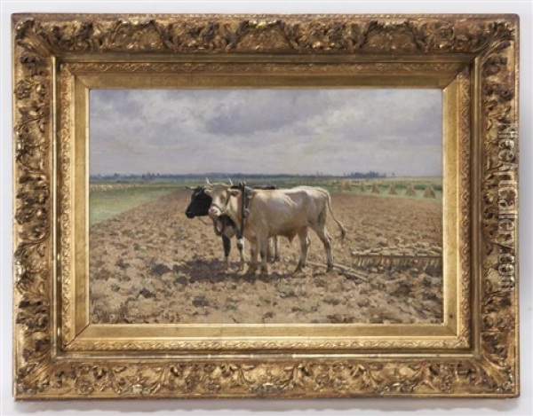 Untitled (two Bulls Ploughing The Field) Oil Painting - Jules Montigny