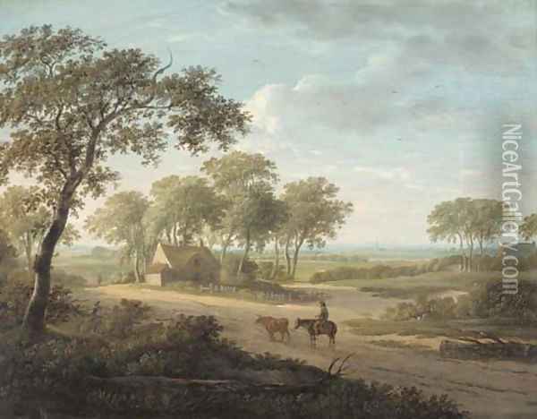 A drover on a path by a cottage in an extensive landscape Oil Painting - Charles Towne