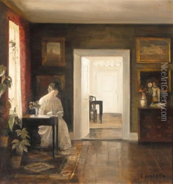 Interior Med En Kvinde Der Laeser Oil Painting - Carl Vilhelm Holsoe