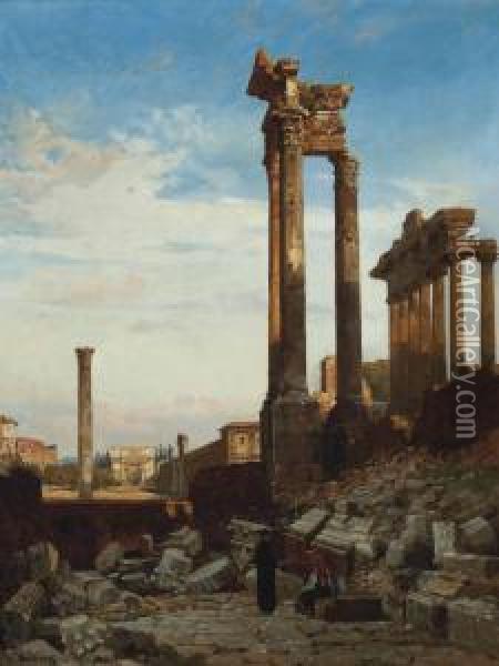 Figures At The Forum, Rome Oil Painting - Christian Johannes Wilberg
