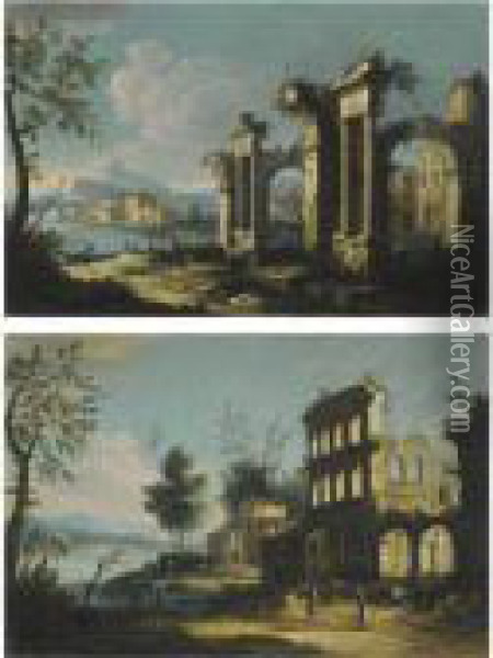 A Pair Of Capriccio River Landscapes With Figures Beneathancient Ruins Oil Painting - Apollonio Domenichini