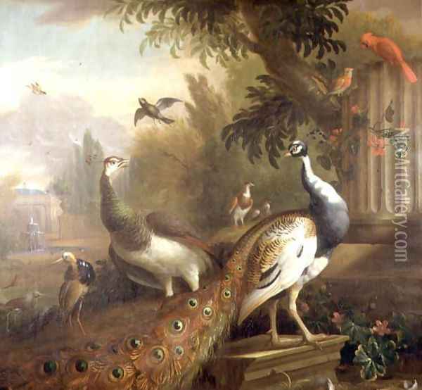 Peacock and Peahen with a Red Cardinal in a Classical Landscape Oil Painting - Tobias Stranover