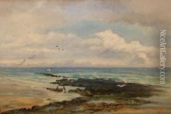 Coastal Scene With Figures And Fishing Boat Oil Painting - William Wilson