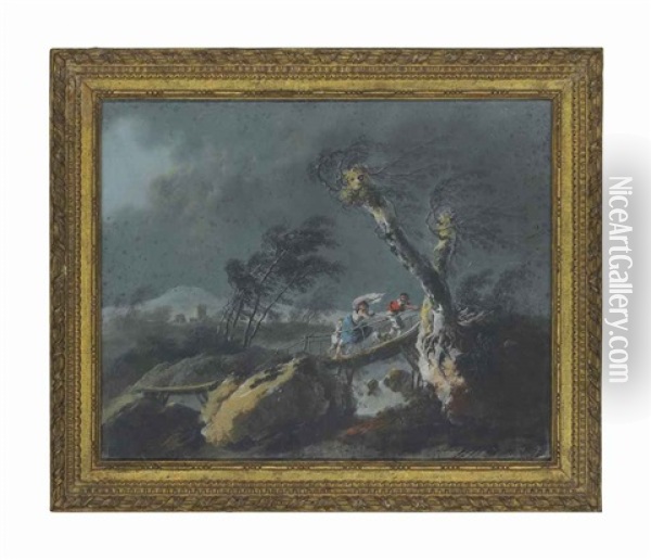 Figures On A Bridge In A Storm Oil Painting - Jean Baptiste Pillement