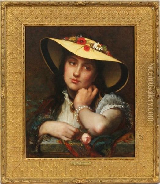 Girl Wearing Hat With Flowers Oil Painting - Leon Jean Basile Perrault