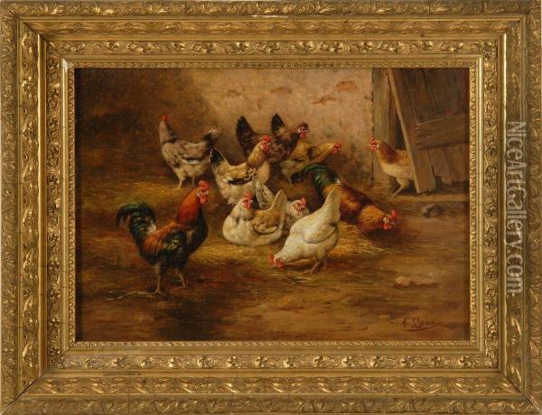 Farmyard Scene With Chickens And Roosters Oil Painting - August Laux