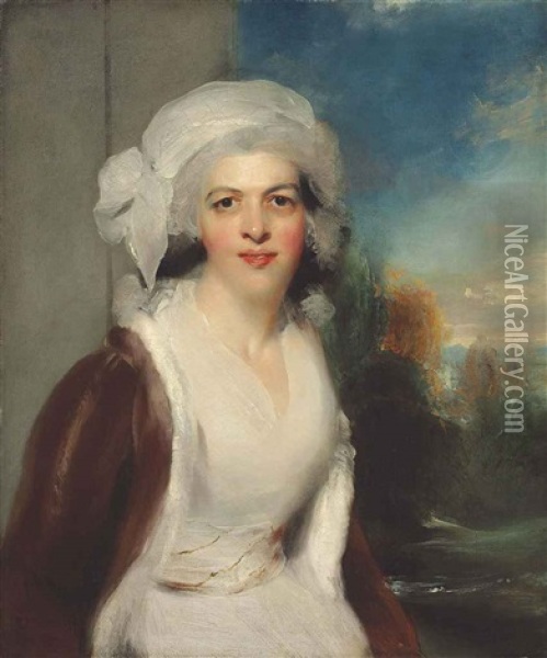 Portrait Of Rebecca, Lady Simeon (d. 1830), Half-length, In A White Dress And Fur Wrap, A Wooded Landscape Beyond Oil Painting - Thomas Lawrence