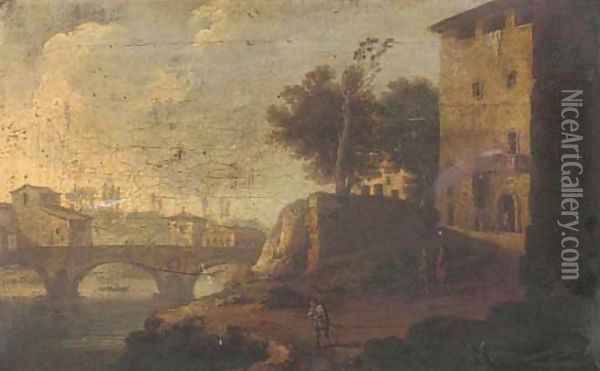Figures before a bridge in an Italianate landscape Oil Painting - Francesco Zuccarelli