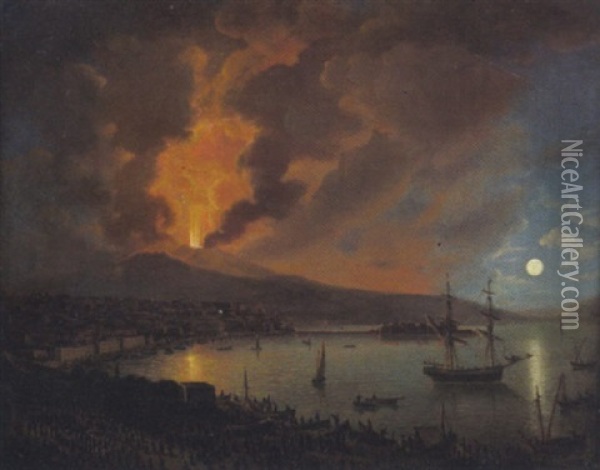 Blick Auf Das Nachtliche Neapel Bei Mondschein Mit Dem Ausbruch Des Vesuvs Oil Painting - Orazio Grevenbroeck