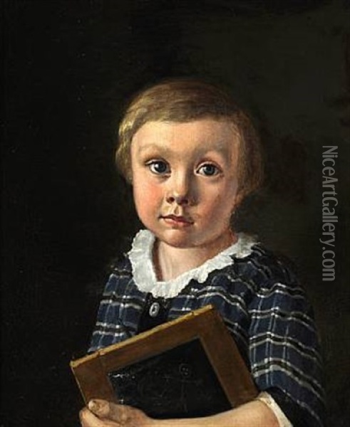 A Little Schoolboy With His Blackboard Oil Painting - Jorgen Roed