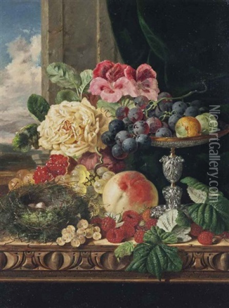 A White Rose, Grapes, Greengages, Raspberries, White Currants, A Pomegranate, A Silver Tazza And A Bird's Nest On A Carved Wooden Ledge Oil Painting - Edward Ladell
