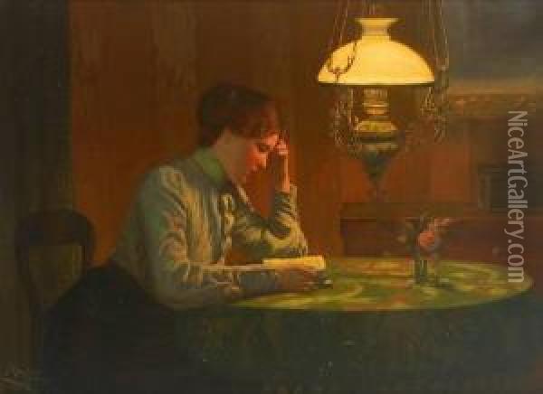 Lesende Junge Frau An Einem Tisch Beim Lichtder Petroleumlampe Oil Painting - Karl Muller