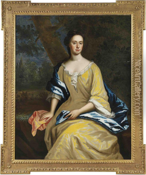 Portrait Of A Lady, Three-quarter-length, In A Yellow Dress And Blue Wrap, In A Landscape Oil Painting - Charles Jervas