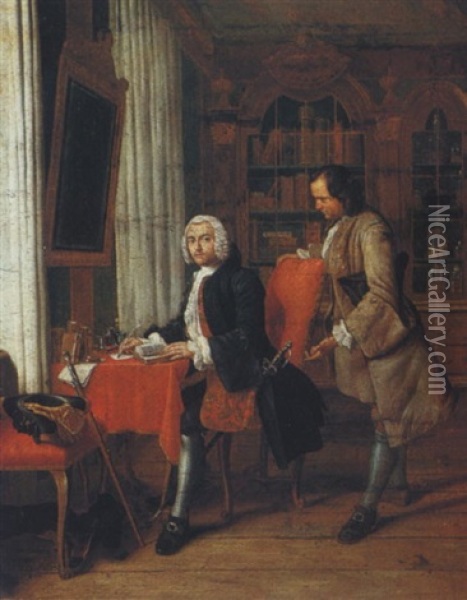 Two Gentlemen In A Library, One Seated At A Desk Writing Oil Painting - Pieter Jacob Horemans