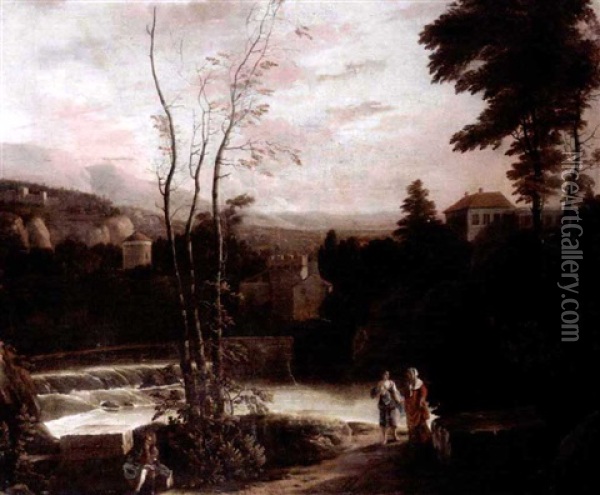 An Extensive Italianate Landscape With Two Women Walking On A Path And A Fisherman Resting On A Stone In The Foreground Oil Painting - Gerard Van Edema