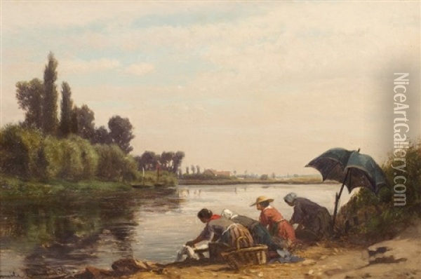 Les Lavandieres Oil Painting - Emile Charles Lambinet