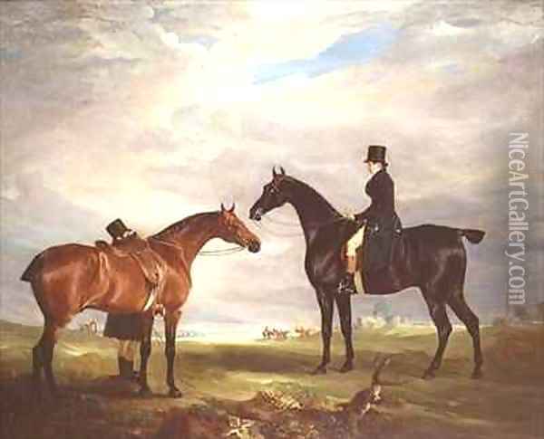 Frank Hall Standish on his Black Hunter with a Groom and a Second Horse Oil Painting - John Snr Ferneley