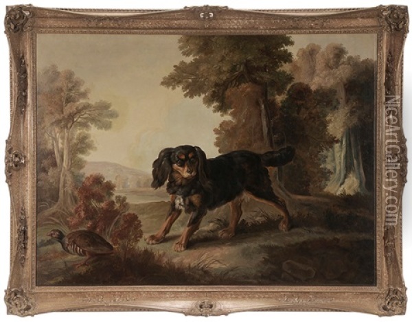Spaniel And Partridge In A Country Landscape Oil Painting - Alexandre Francois Desportes