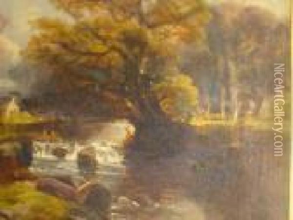 Autumnal River Scene, Indistinctly Signed Oil Painting - Samuel Bough