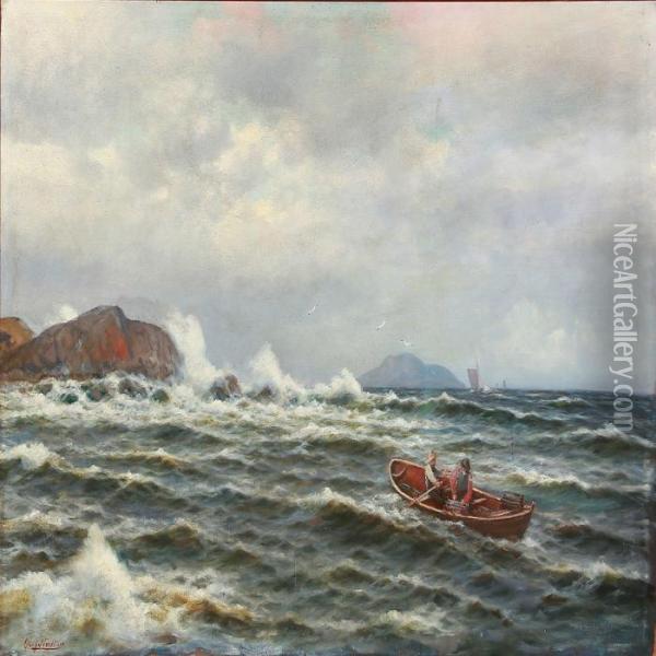 Breakers With Two Fishermen On Their Way Out In A Boat Oil Painting - Olaf Nordlien