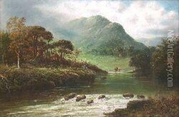 A Highland River Landscape With Fisherman Oil Painting - William J. Crampton