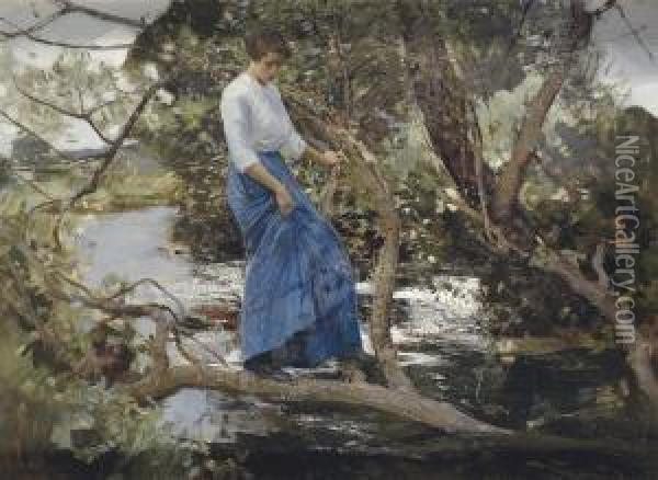 Crossing The Brook Oil Painting - Harry Watson