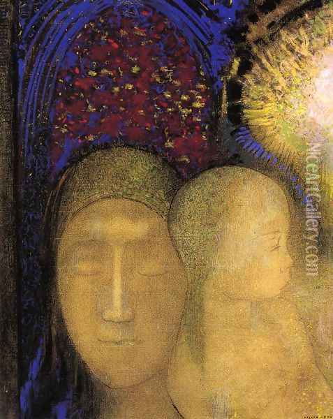 Woman And Child Against A Stained Glass Background Oil Painting - Odilon Redon