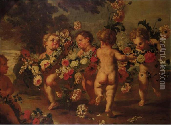 Putti Dancing And Holding Garlands Of Flowers Oil Painting - Francesco Trevisani
