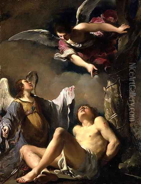 St Sebastian succoured by two angels 1617 Oil Painting - Guercino