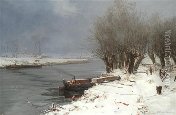 Barges On A Frozen River Oil Painting - Charles Brooke Branwhite