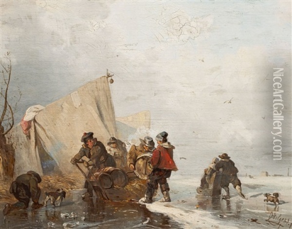 Winter Landscape With Figures On The Ice Oil Painting - Carl Hilgers