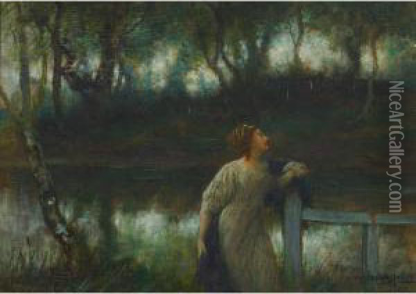 Woman In Contemplation By A Rail Fence Oil Painting - William A. Breakspeare