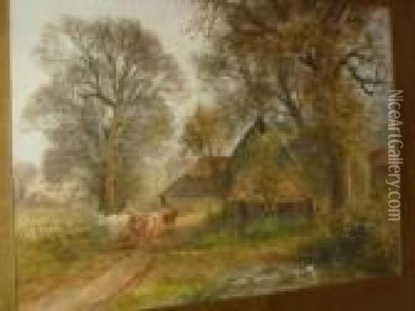 Cattle And Drover By A Farmstead Oil Painting - Henry Charles Fox