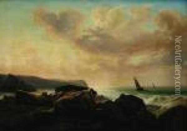 Rotsachtige Kust Met Zeilbootjes Bij Valavond Oil Painting - Louis Derickx