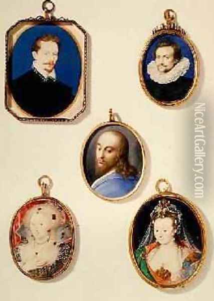 Miniatures from LtoR TtoB Sir Arundel Talbot Unknown Man Head of Christ Anne of Denmark 1574-1619 Lady in Masque Costume Oil Painting - Isaac Oliver