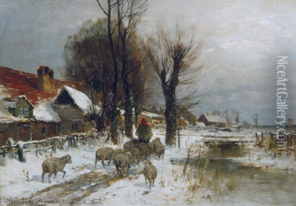 A Winterly Landscape With A Cottage And A Flock Of Sheep Oil Painting - Karl Adam Heinisch