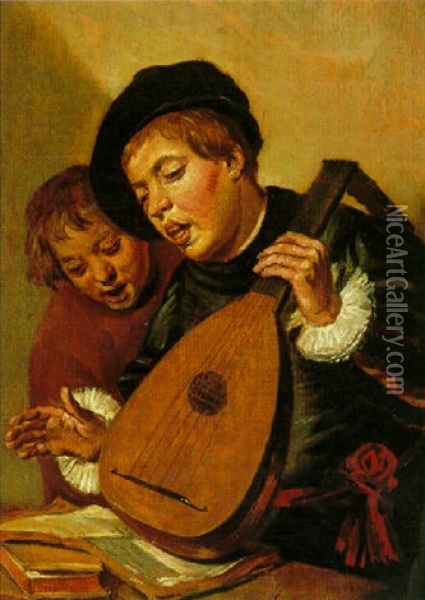 Two Boys Singing, One Holding A Lute Oil Painting - Frans Hals